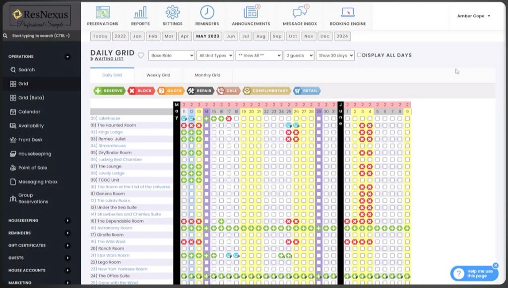 Screenshot of ResNexus daily grid dashboard showing room availability, reservations, and housekeeping status.