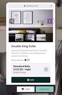 Screenshot of ResNexus mobile booking engine showing Double King Suite listing with room rate and checkout options.