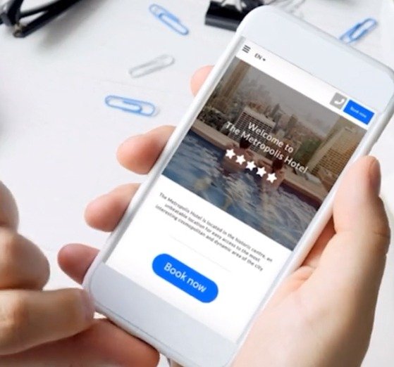 Screenshot of SiteMinder mobile booking engine showing hotel reservation page with “Book now” button on a smartphone screen.