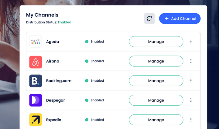 Cloudbeds Channel Manager interface displaying OTA connections.