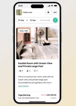 Screenshot of Cloudbeds mobile booking engine showing guest reservation interface with room details.