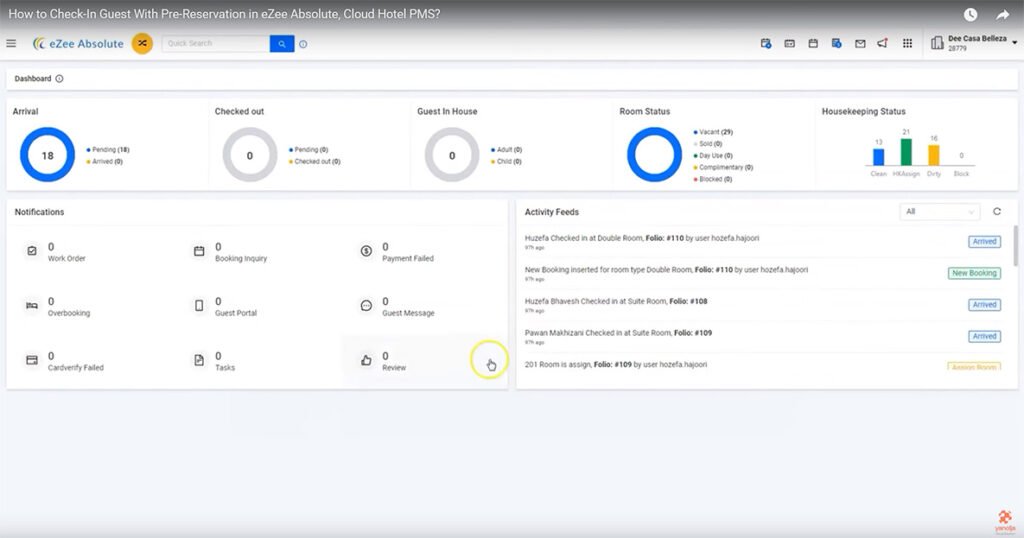 Screenshot of eZee Absolute PMS dashboard showing arrivals, room status, housekeeping, and notifications overview.
