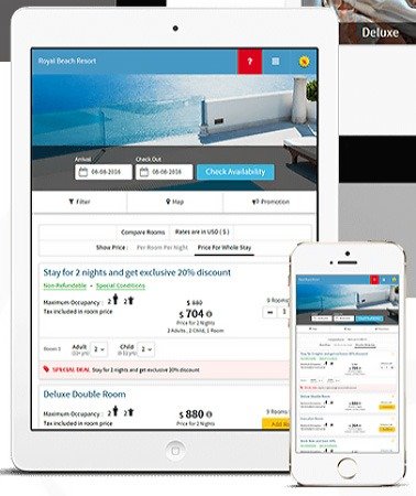 Screenshot of eZee Absolute mobile booking interface on tablet and smartphone showing room options, rates, and booking details.