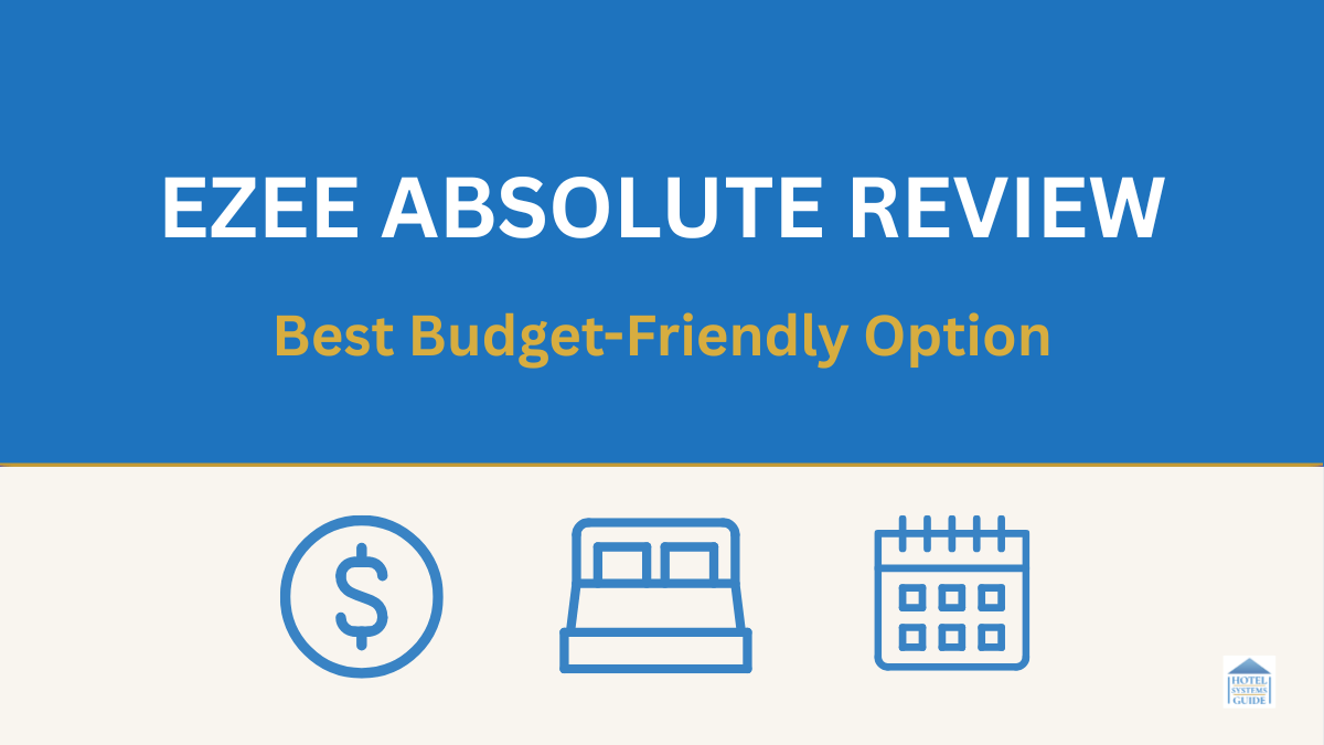 Graphic banner for eZee Absolute review with icons for price tag, booking, and mobile. Text reads: eZee Absolute Review – Best for Budget Hotels.