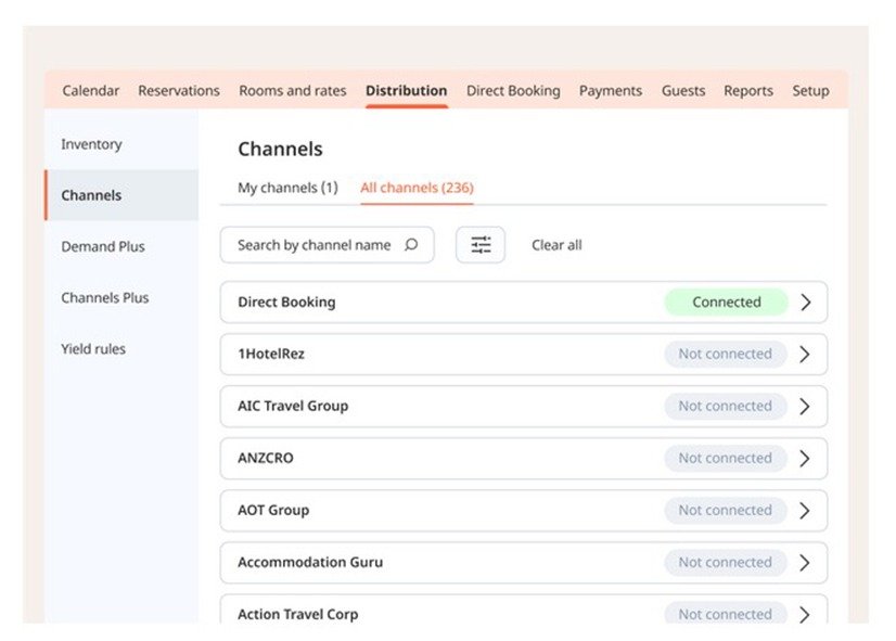 Little Hotelier channel manager dashboard showing OTA connections and direct booking integration.