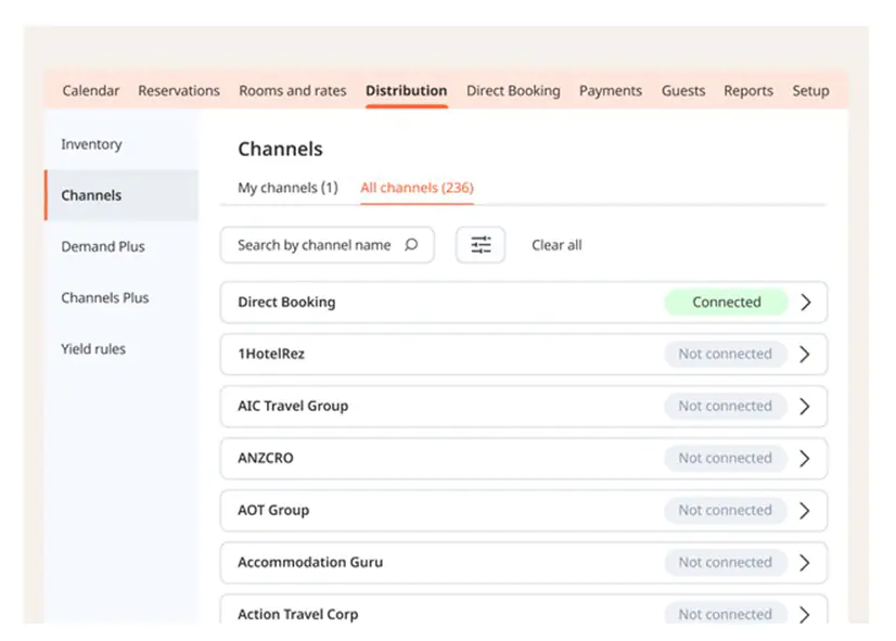 Little Hotelier channel manager dashboard showing OTA connections and direct booking integration.