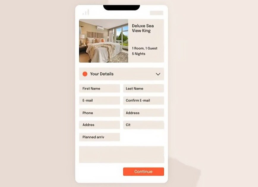 Little Hotelier mobile booking engine showing guest reservation form with room details and contact fields.
