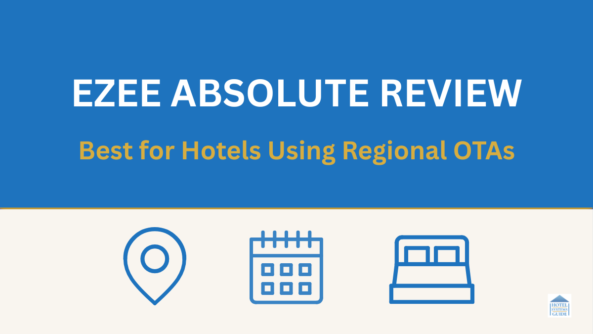Graphic banner for eZee Absolute review with icons for location, booking, and lodging. Text reads: eZee Absolute Review – Best for Hotels Using Regional OTAs