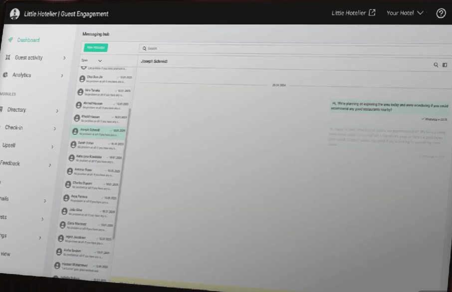 Little Hotelier Messaging Hub showing a guest conversation list and message panel