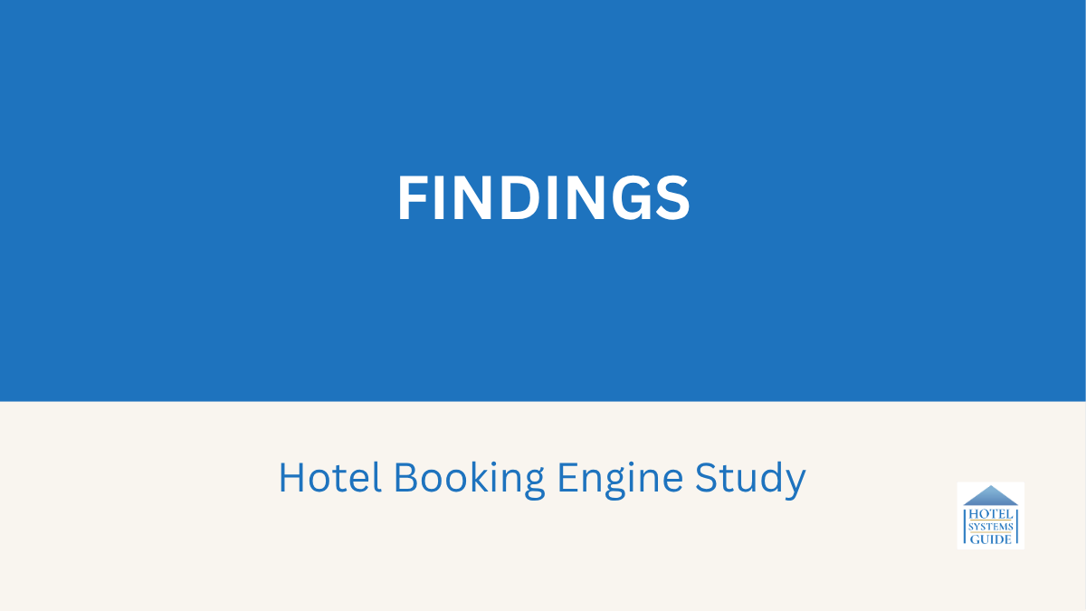 Graphic banner for Hotel Systems Guide's Hotel Booking Engine Study - Findings. Text reads: Findings - Hotel Booking Engine Study.